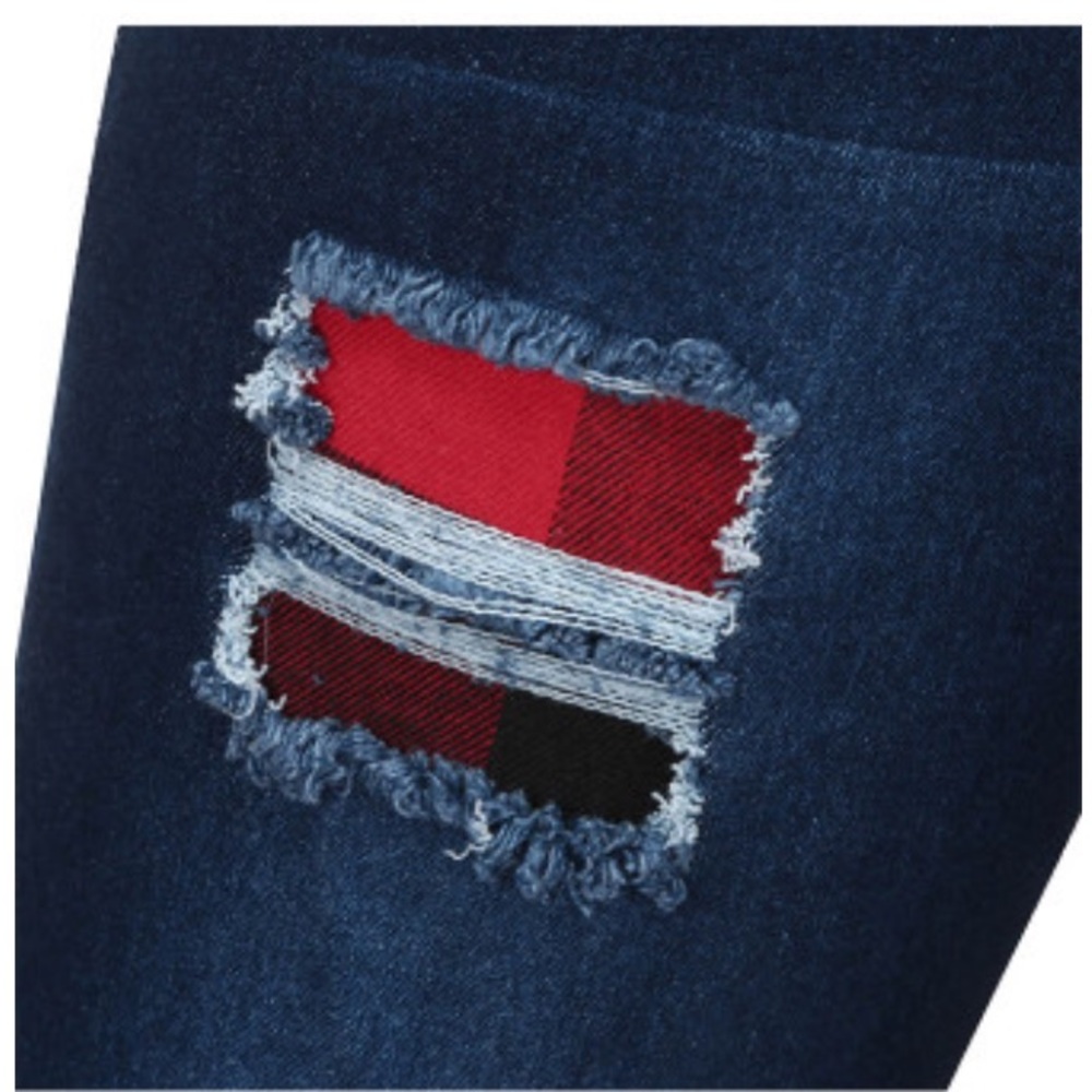 Patchwork Plaid Ripped Jeans - Picture 7 of 7